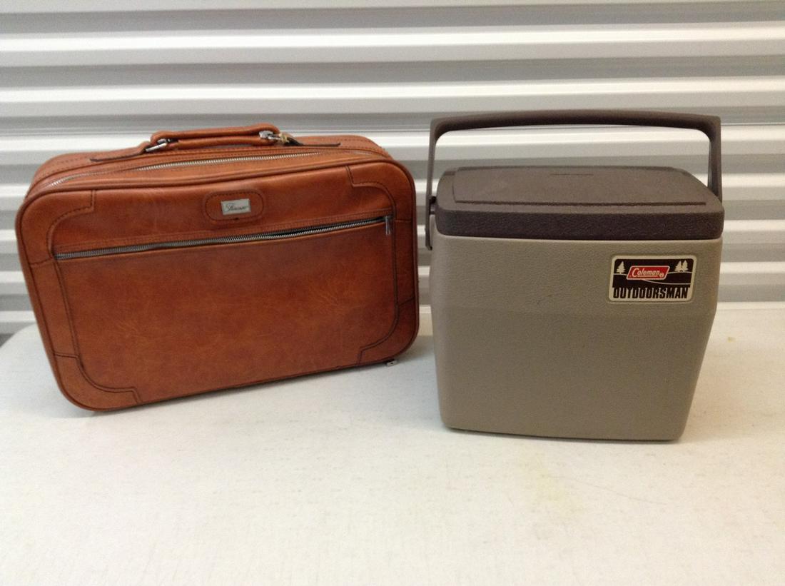 Vintage suitcase and Coleman cooler: Vintage suitcase and Coleman cooler