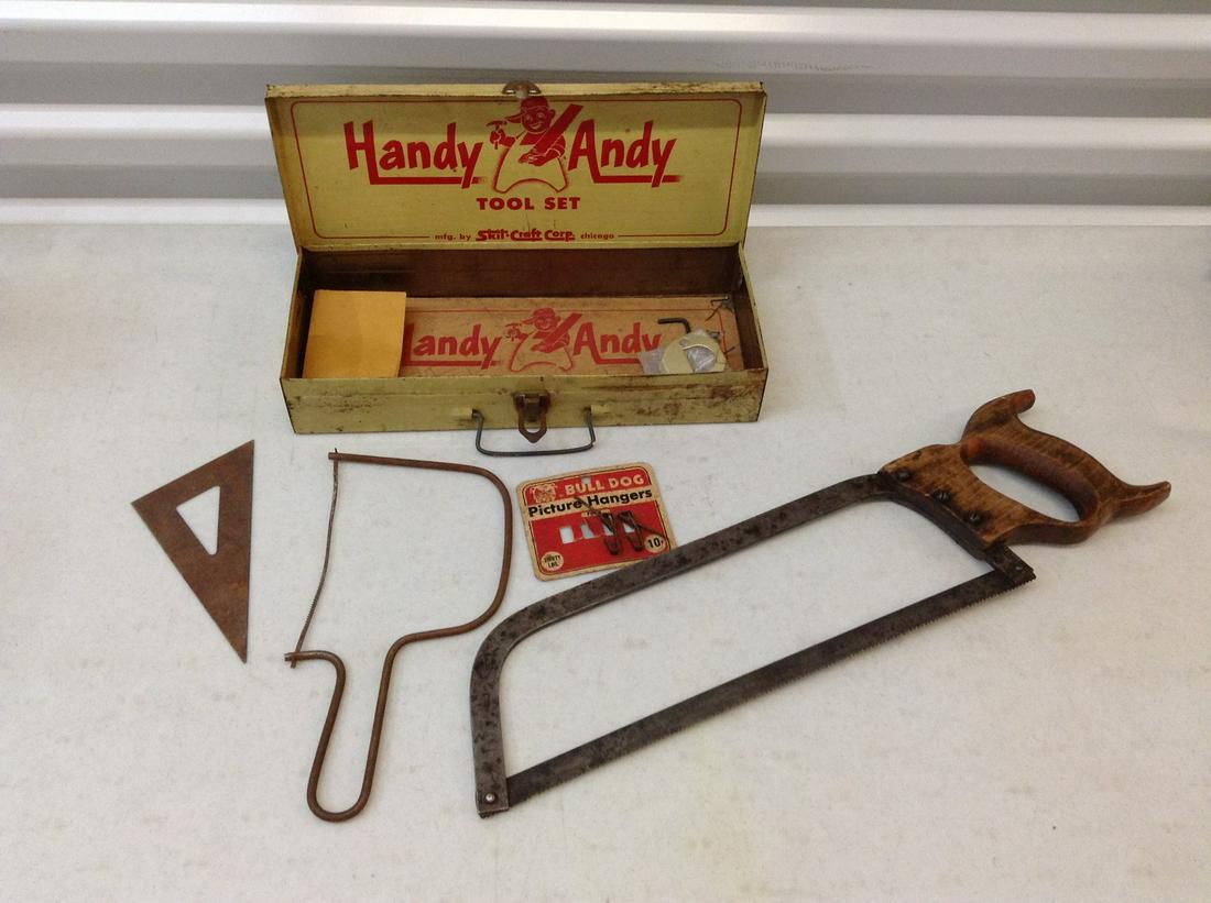 Vintage Handy Andy metal toolbox and tools: Vintage Handy Andy metal toolbox and tools