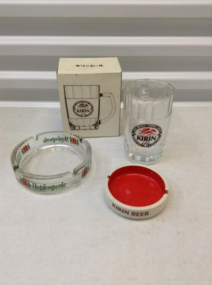 Vintage beer ashtrays and Kirin Beer mug in the box: Vintage beer ashtrays and Kirin Beer mug in the box