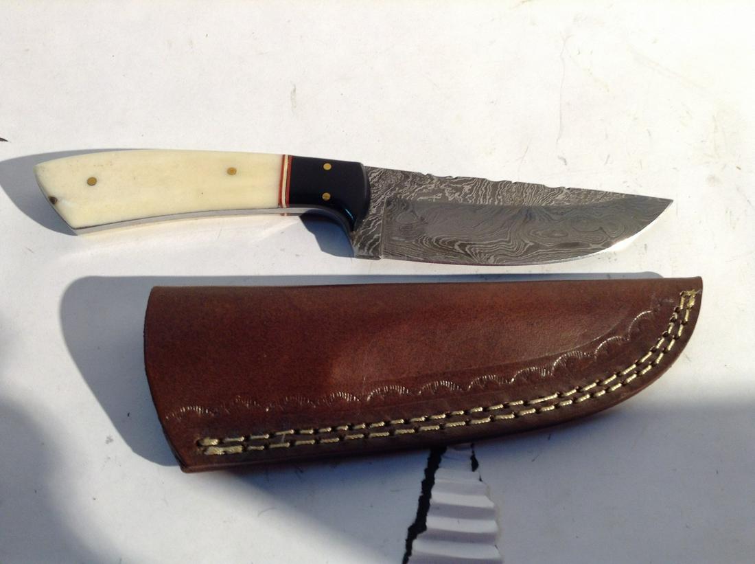 skinning knife 9" bone handle damask leather case: skinning knife 9" bone handle damask leather case
