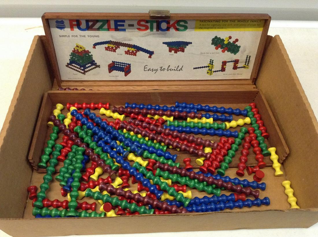 Old Wooden Building Toy in Wooden Dovetailed Box: Old Wooden Building Toy in Wooden Dovetailed Box