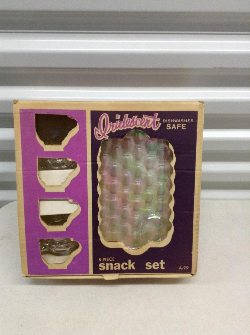 Vintage Federal Glass 6 Piece Iridescent Snack set in: Vintage Federal Glass 6 Piece Iridescent Snack set in the original box