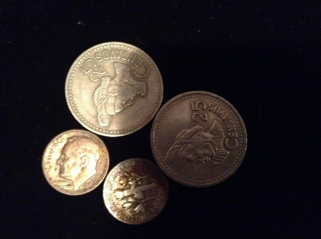 2 silver dimes and foreign coins: 2 silver dimes and foreign coins