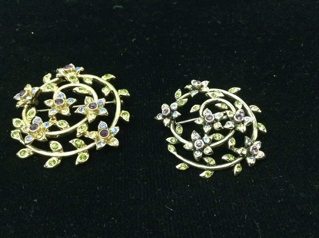 Monet Two Vintage Gold-Tone Pins with Multi-Colored: Monet Two Vintage Gold-Tone Pins with Multi-Colored Crystals