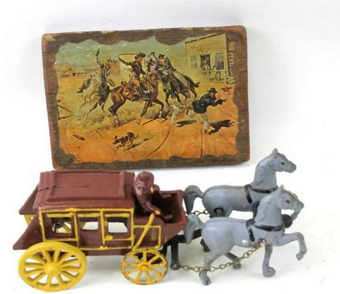 Cast Iron toy stagecoach with horses and a Cowboy: Cast Iron toy stagecoach with horses and a Cowboy Western Scene picture mounted on wood