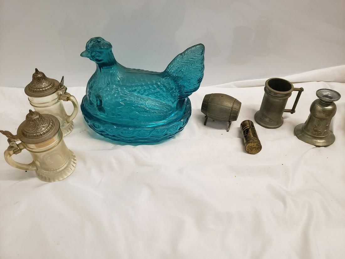 Lot of vintage smalls - blue glass nesting hen, (1 of 1)