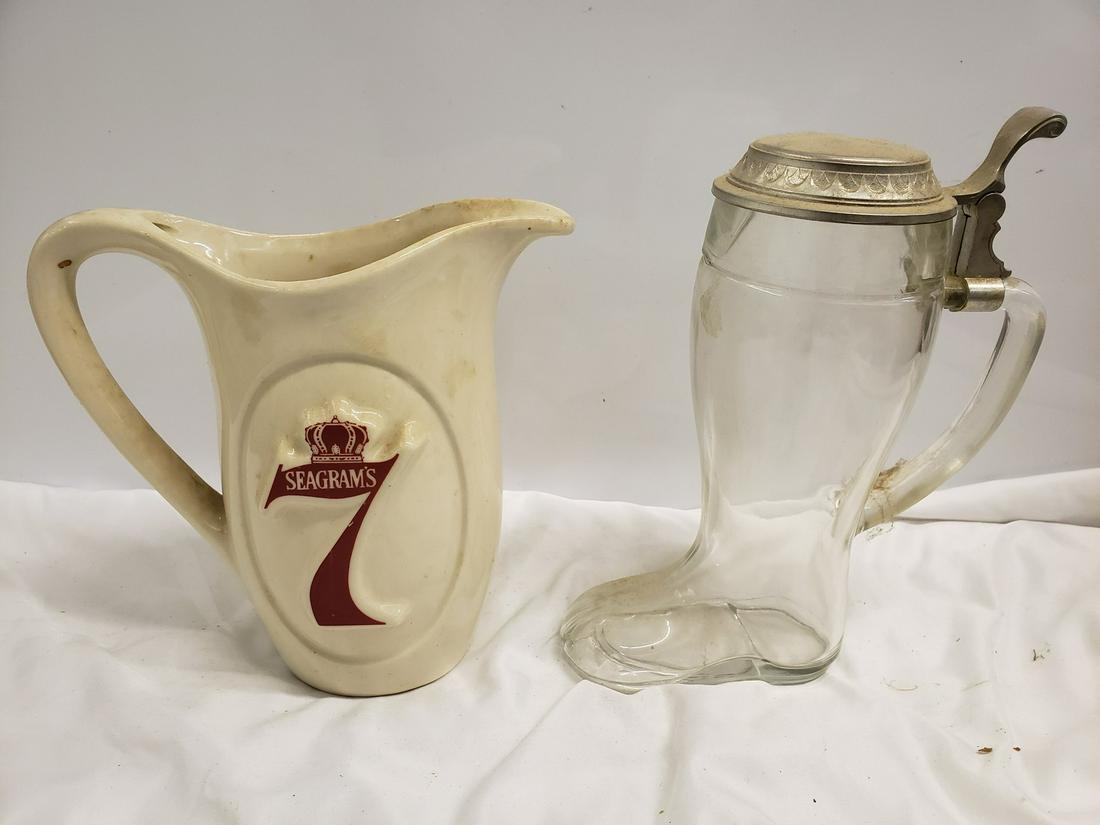 Seagram's vintage pitcher and glass boot stein: Seagram's vintage pitcher and glass boot stein