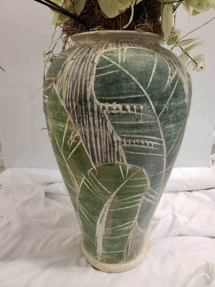 Tall unique green/white pottery vase - approx. 3' tall (1 of 1)