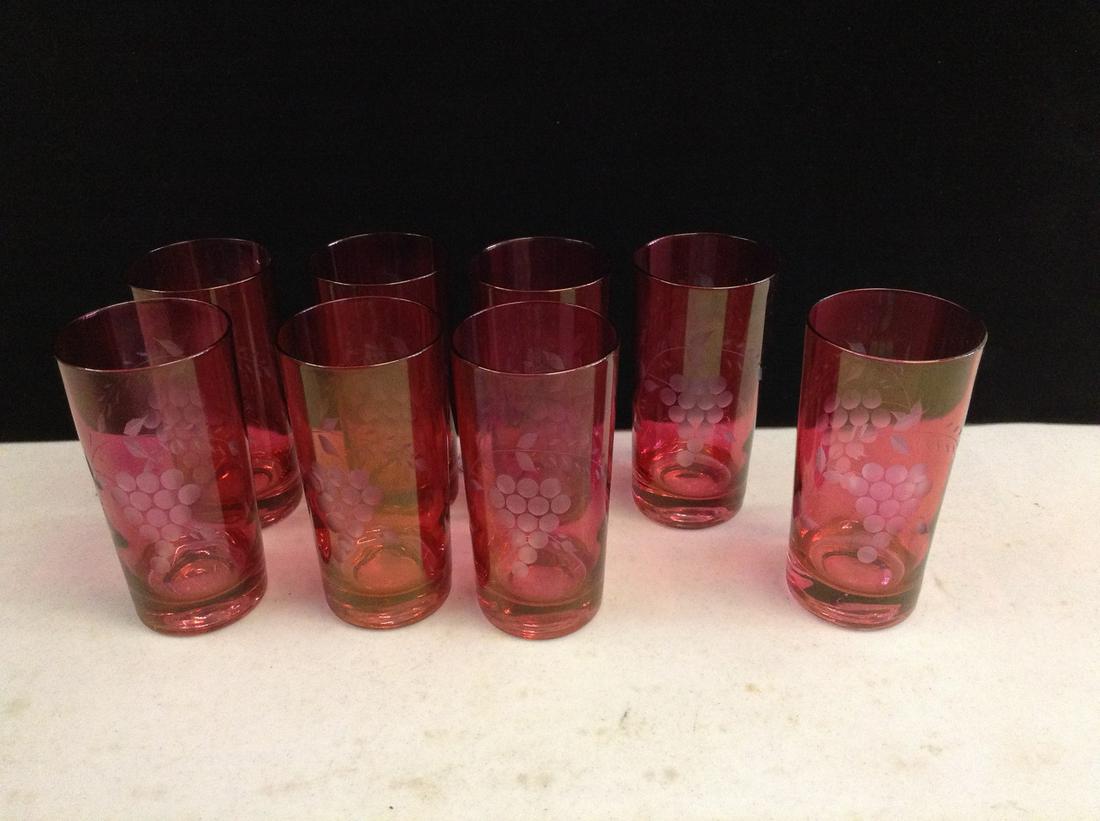 Etched Ruby Red Set of 8 drinking glasses (Jill): Etched Ruby Red Set of 8 drinking glasses (Jill)