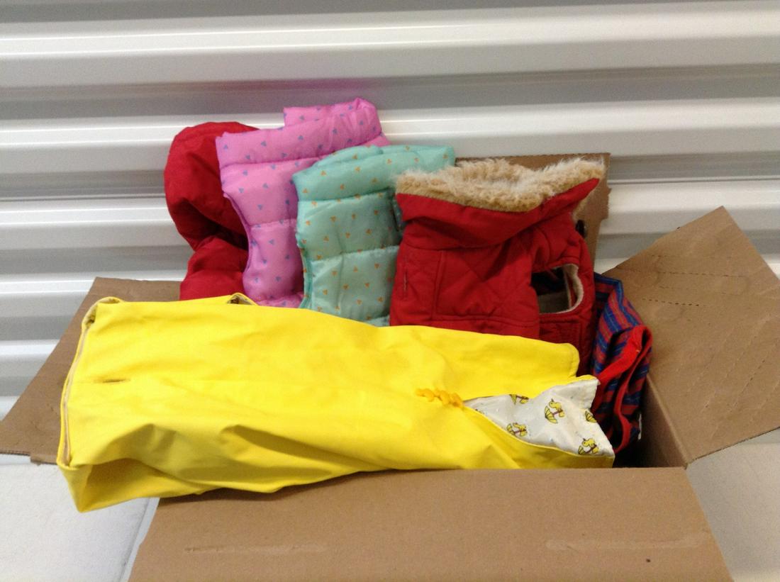 Box full of Dog coats and raincoats sizes S/M for: Box full of Dog coats and raincoats sizes S/M for smaller dog