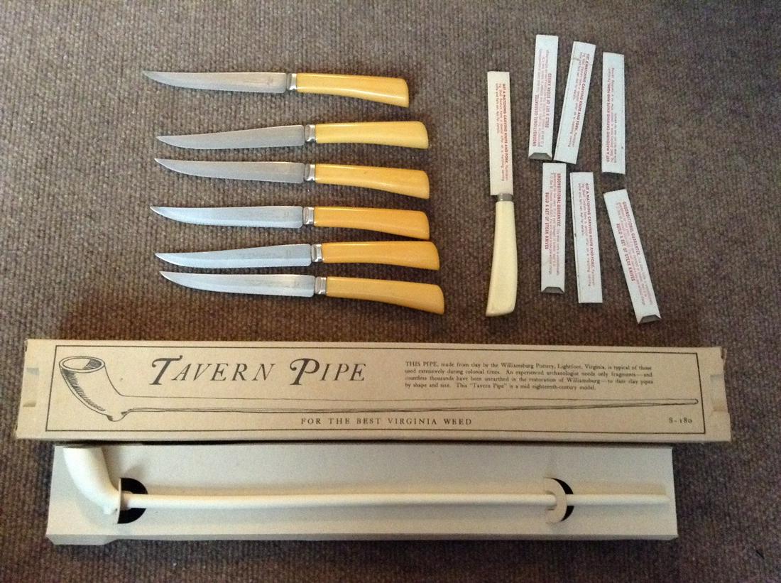 Shell Oil promotional steak knife, 6 Westall: Shell Oil promotional steak knife, 6 Westall Richardson steak knives and vintage tavern pipe NIB