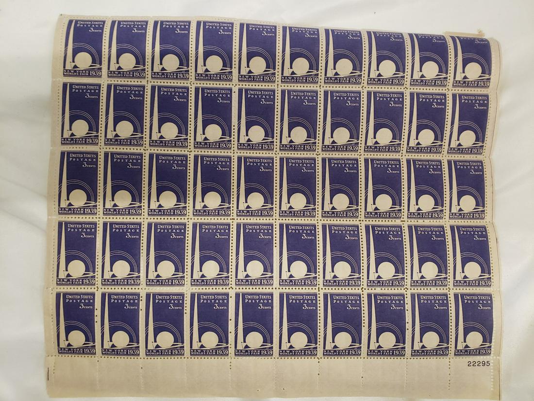 Uncut stamp sheet  NY Worlds fair 1939 3cent stamps (1 of 1)