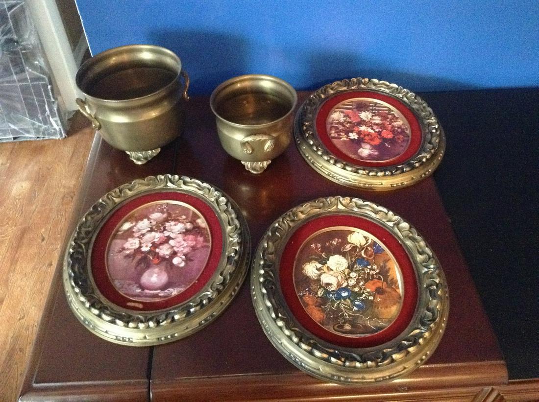 Vintage pictures and brass flower pots (1 of 1)