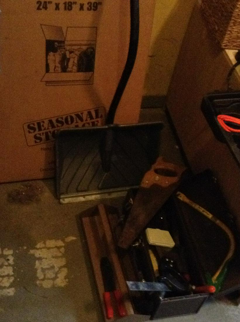 Tool box with tools and snow shovel: Tool box with tools and snow shovel