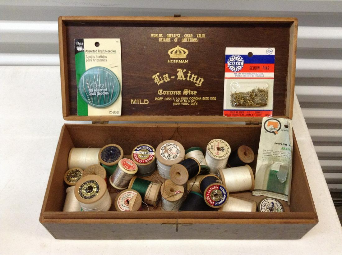 Hoff-Man La-King Wooden Cigar box full of wooden thread (1 of 1)