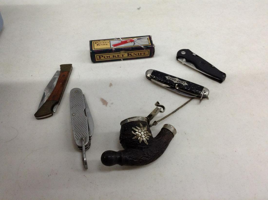 Lot of pocket knives and hand carved pipe (1 of 1)