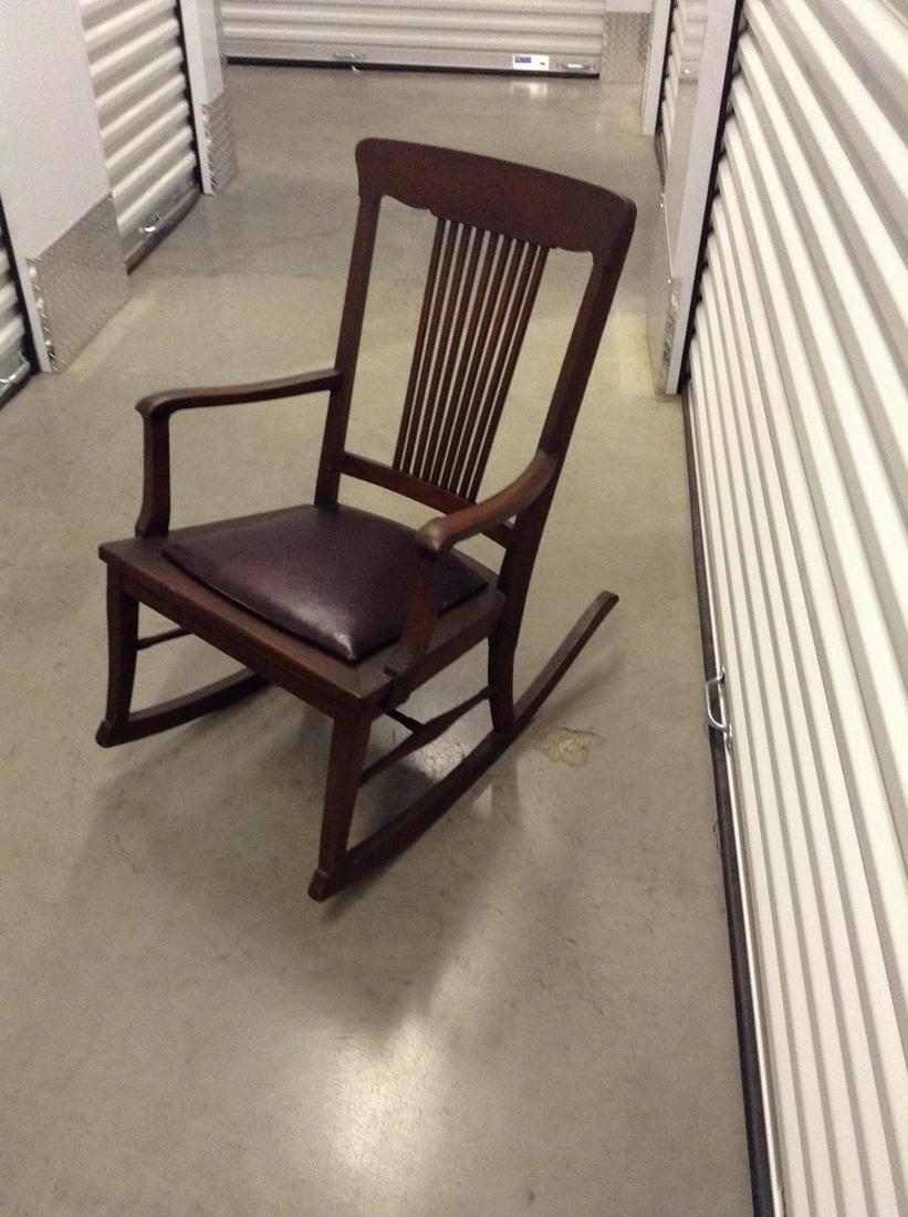 Early wood and leather rocking chair: Early wood and leather rocking chair