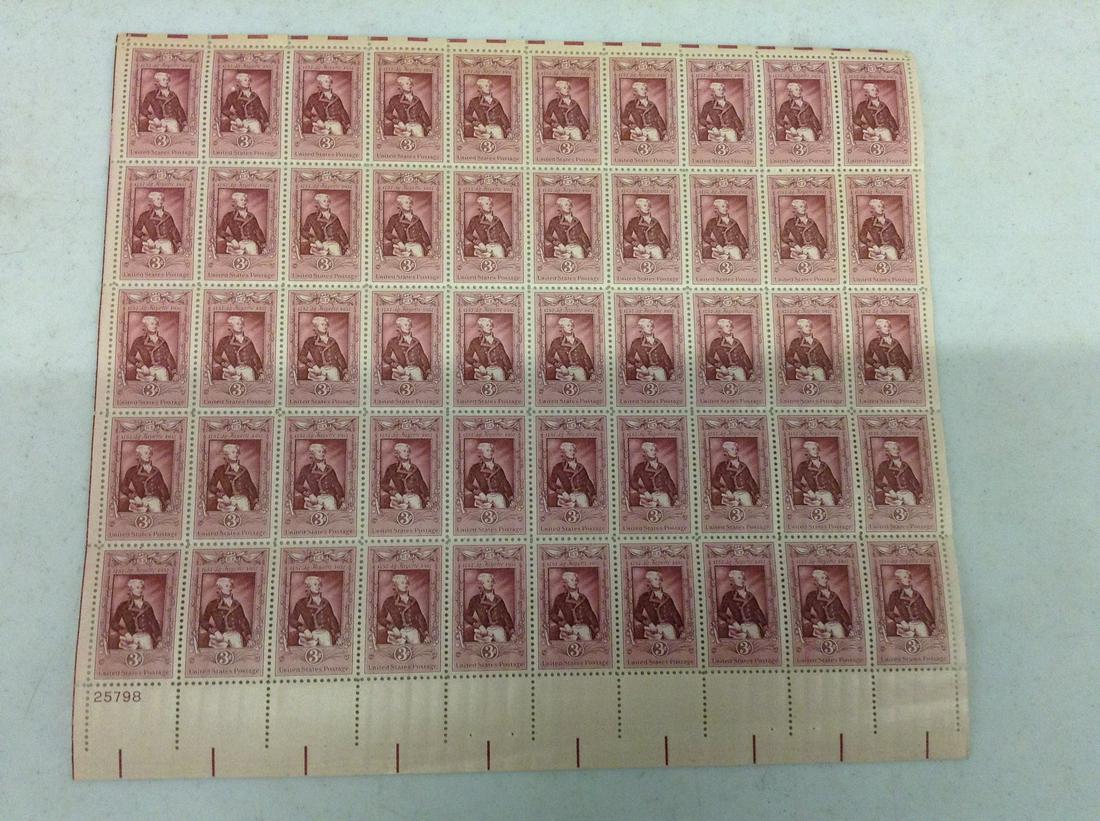1957 Lafayette 3 Cent Stamp Sheet MNH Mint (1 of 1)