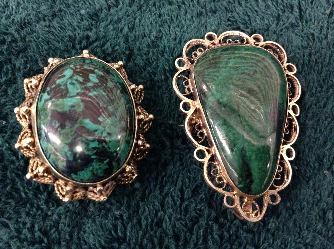 Set of 2 Israeli Sterling Malachite Pins: Weight: 25 g