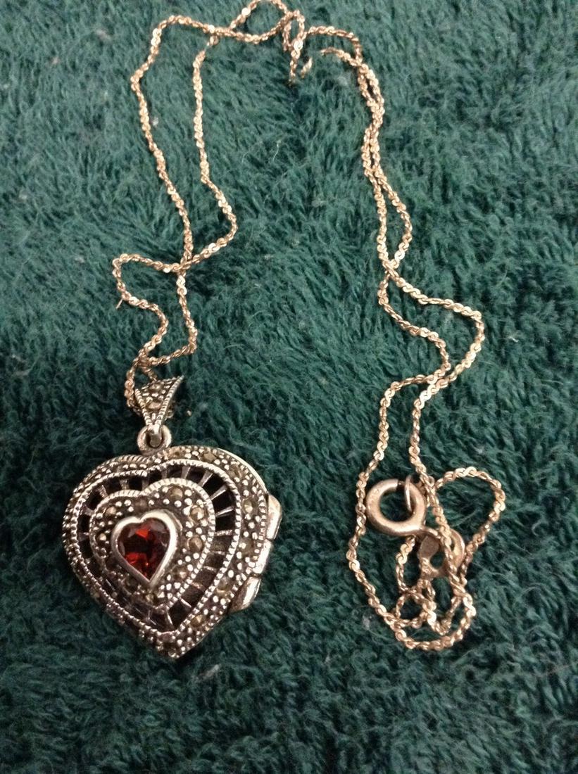 Sterling Garnet Heart Locket Pendant on Sterling Chain (1 of 1)