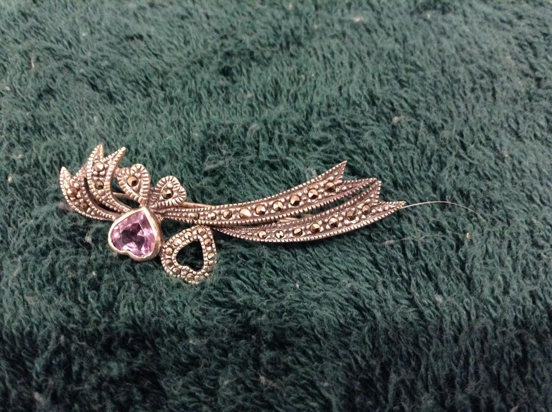 Sterling Marcasite Pin with Amethyst Heart (1 of 1)