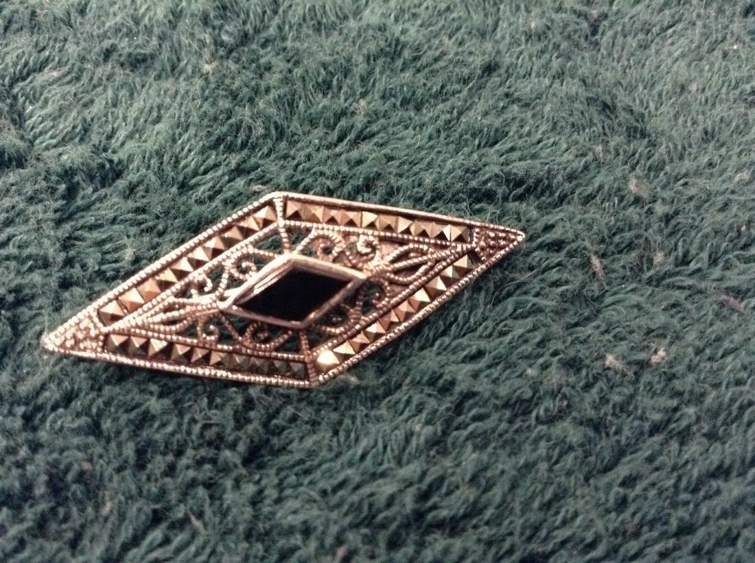 Sterling Marcasite Pin with Onyx Stone (1 of 1)