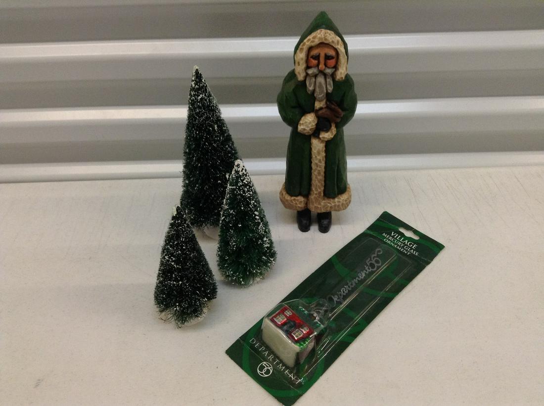Signed Wood Carved Santa, Dept. 56 ornament NIP and: Signed Wood Carved Santa, Dept. 56 ornament NIP and Dept 56 Trees