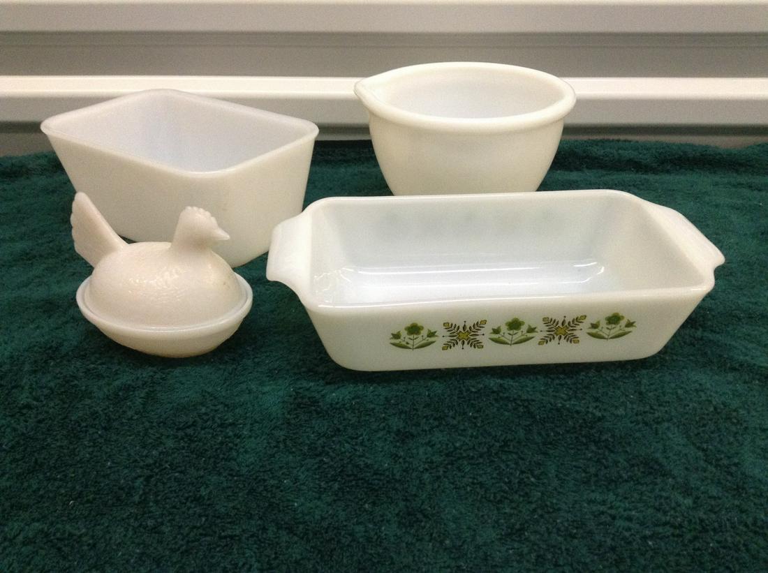 Milk glass covered nesting hen dish, Fireking and more (1 of 1)