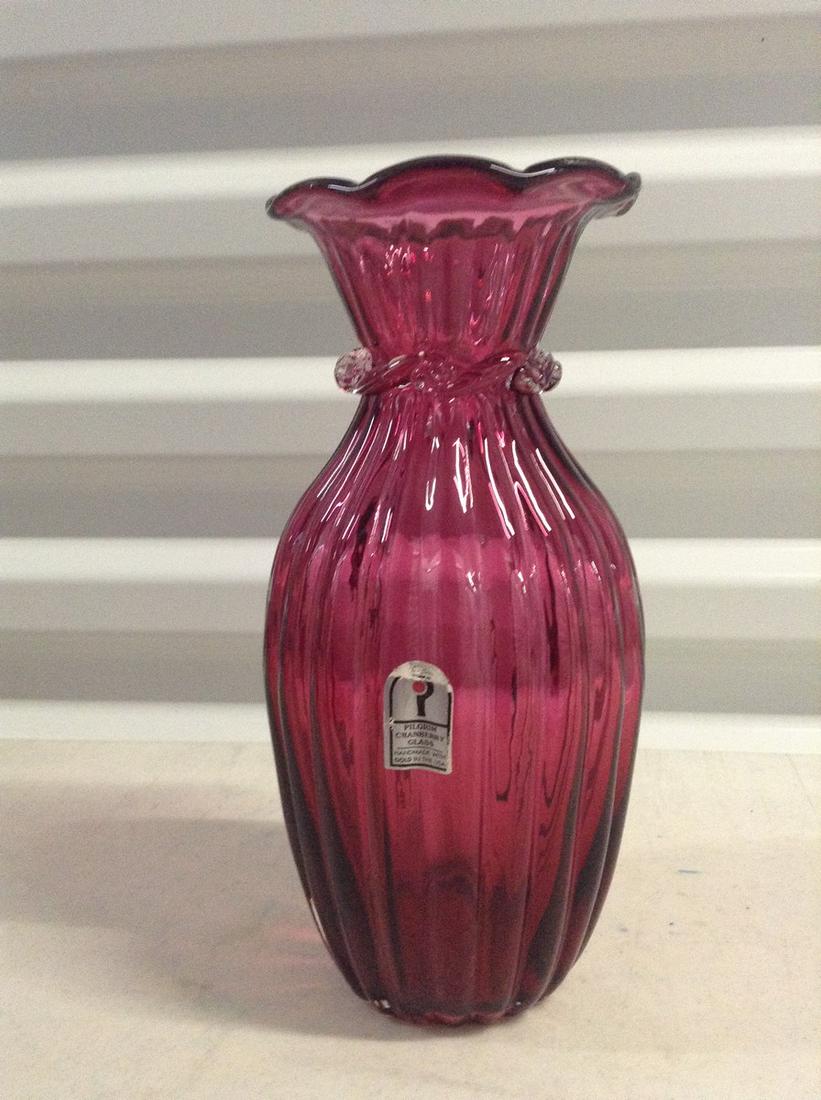 Tall, Fluted Signed "Pilgrim" Cranberry Glass Vase (1 of 1)