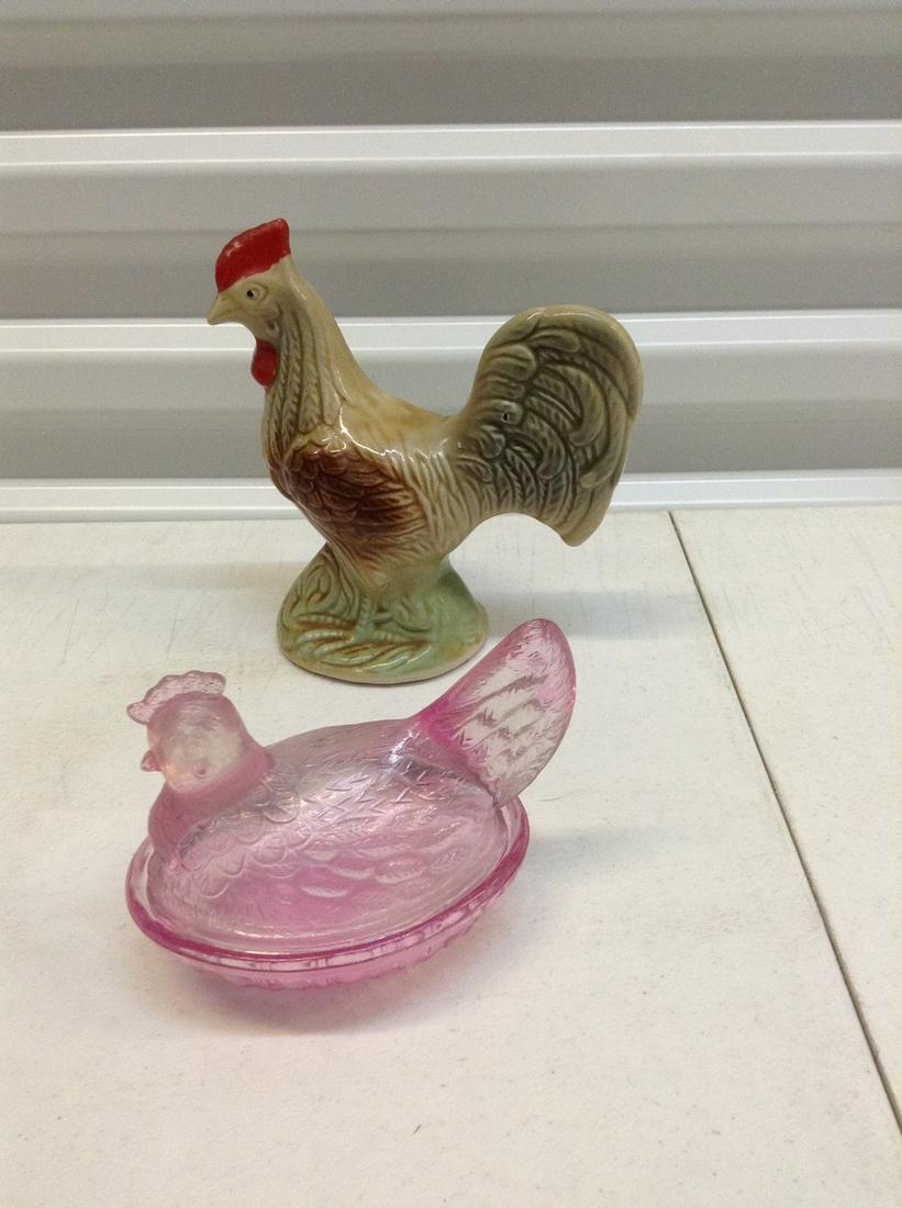 Nesting Hen Covered dish and Ceramic Rooster 7" tall (1 of 1)