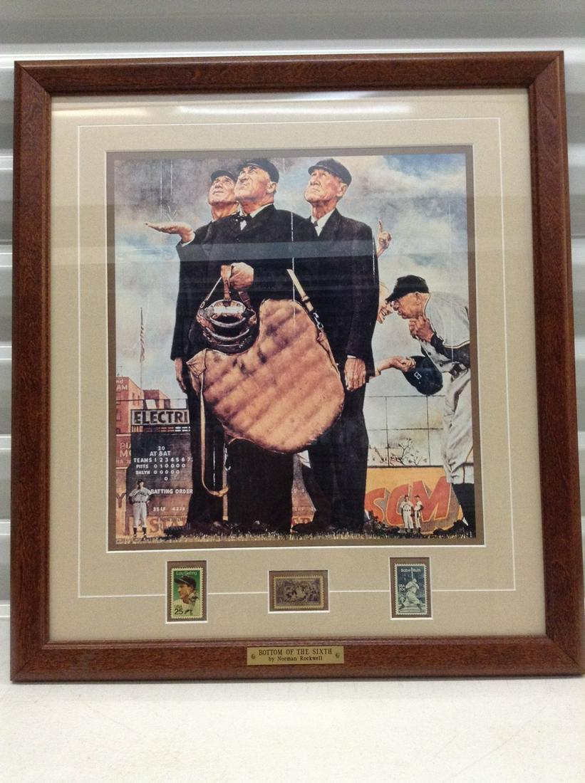 Babe Ruth, Lou Gehrig and 3 Cent Baseball Stamp Framed: Babe Ruth, Lou Gehrig and 3 Cent Baseball Stamp Framed with Norman Rockwell "Bottom of the 6th" 20"x18"