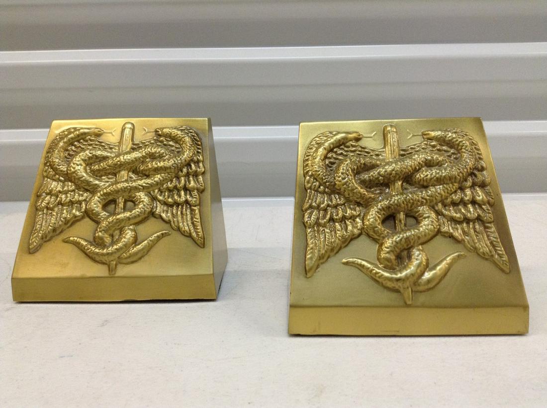 Pair of Caduceus Brass Bookends: Pair of Caduceus Brass Bookends