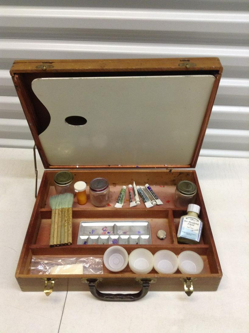 Vintage wooden painters box with palette and painting: Vintage wooden painters box with palette and painting supplies 17" across