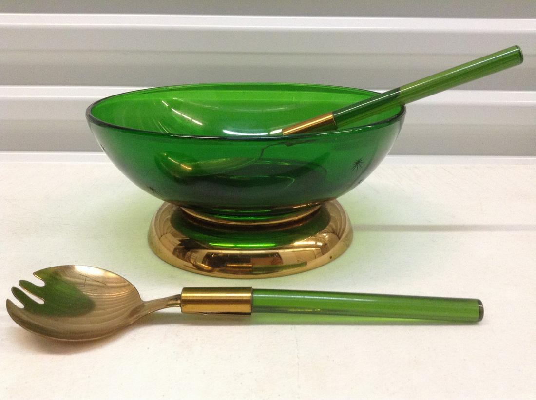 Mid Century Modern Starburst Green salad bowl with: Mid Century Modern Starburst Green salad bowl with serving utensils