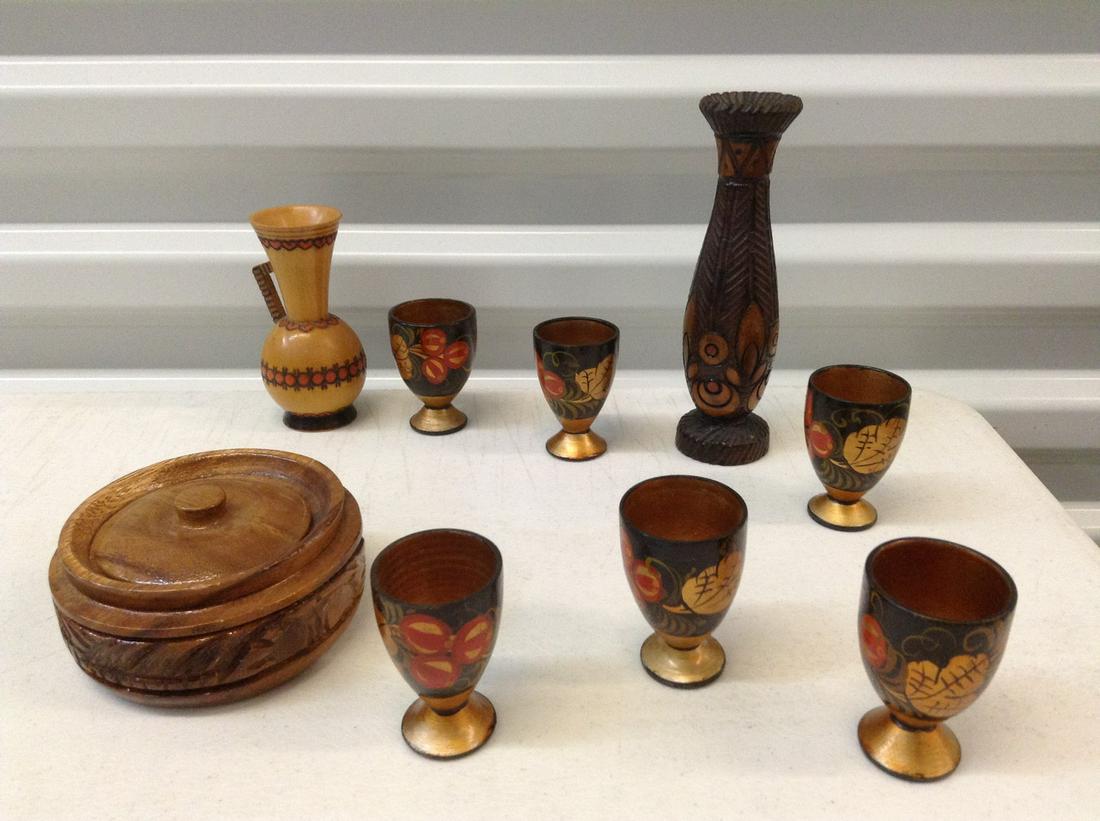 Large lot of Painted Wooden cups, pitcher, vase and (1 of 1)