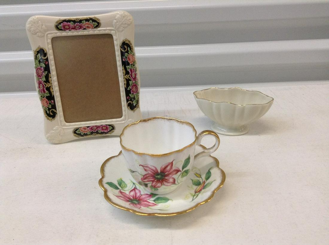 Kent Bone china teacup, Lenox picture frame and small: Kent Bone china teacup, Lenox picture frame and small bowl