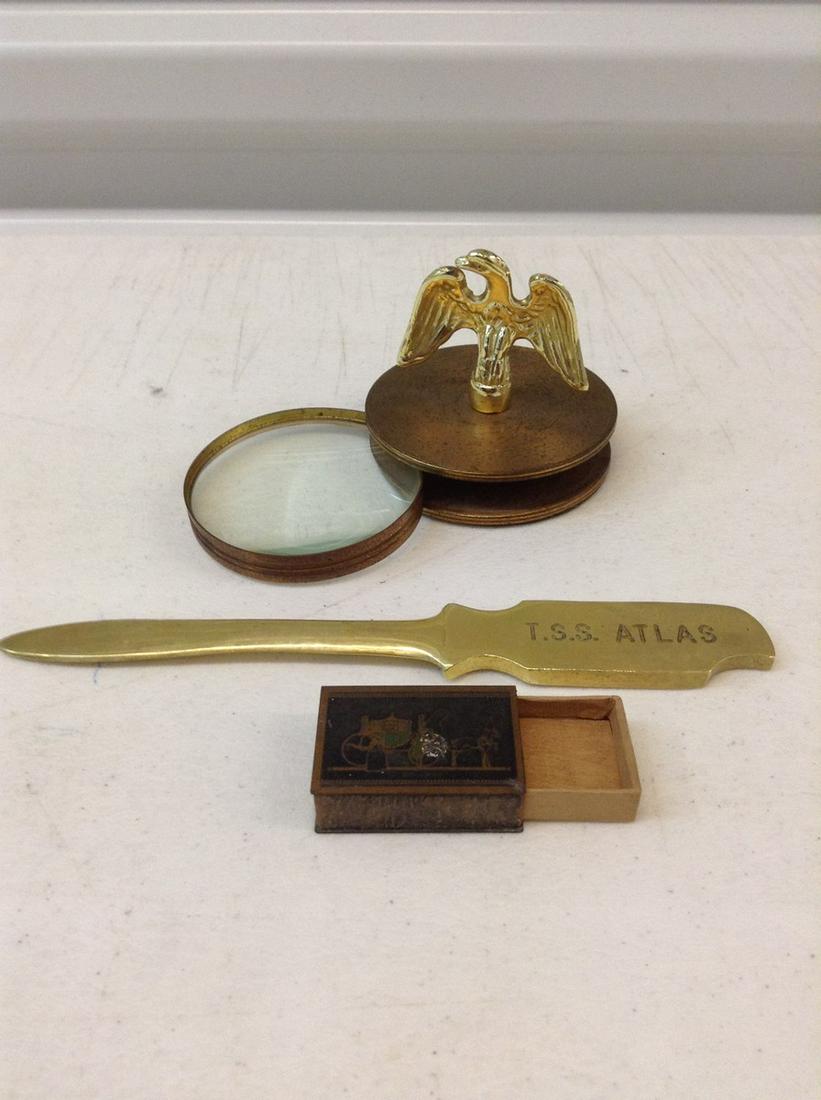 Early copper? And wood etched matchbox, Eagle: Early copper? And wood etched matchbox, Eagle magnifying glass and letter opener