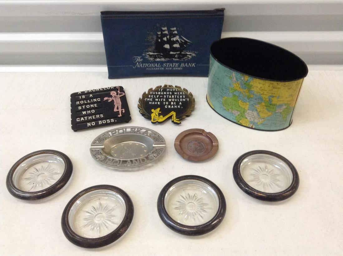 Vintage bank bag, trivets, Worlds Fair ashtray and more: Vintage bank bag, trivets, Worlds Fair ashtray and more