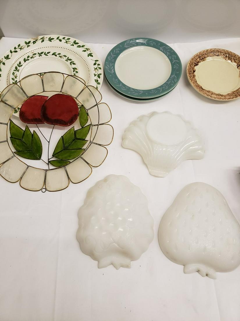 Lot of milk glass plates, stained glass, and more (1 of 1)