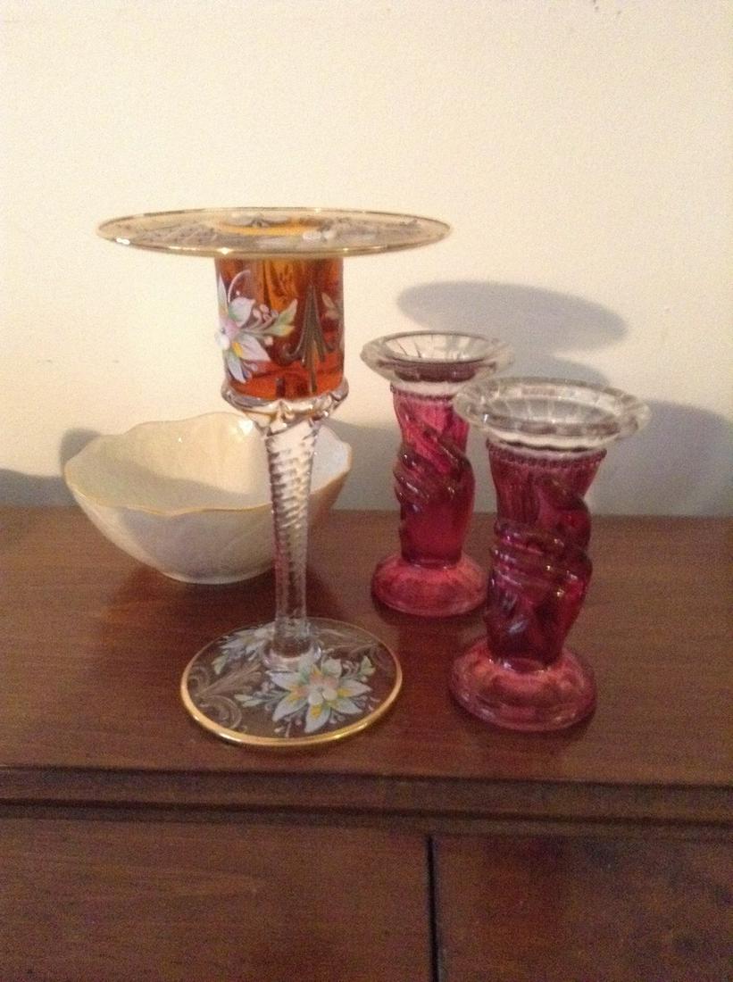 Signed Candlestick, cranberry glass candlesticks and (1 of 1)