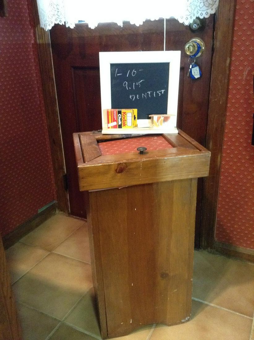 Wood garbage can and wall chalk board: Wood garbage can and wall chalk board