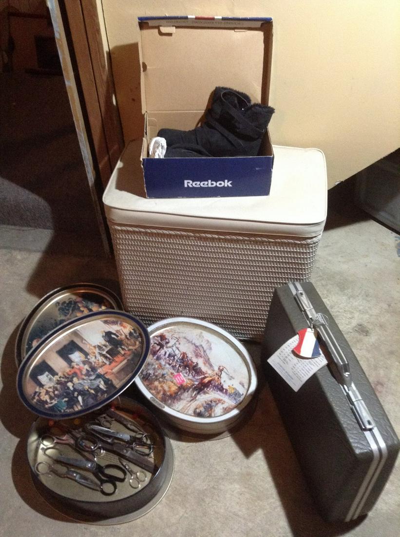 Vintage Suitcase, tin full of scissors and more: Vintage Suitcase, tin full of scissors and more