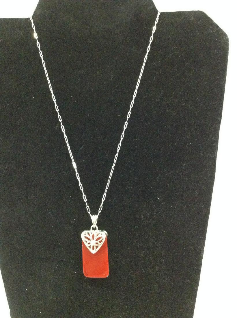 Sterling Marcasite Cinnabar Pendant with Chain: Sterling Marcasite Cinnabar Pendant with Chain