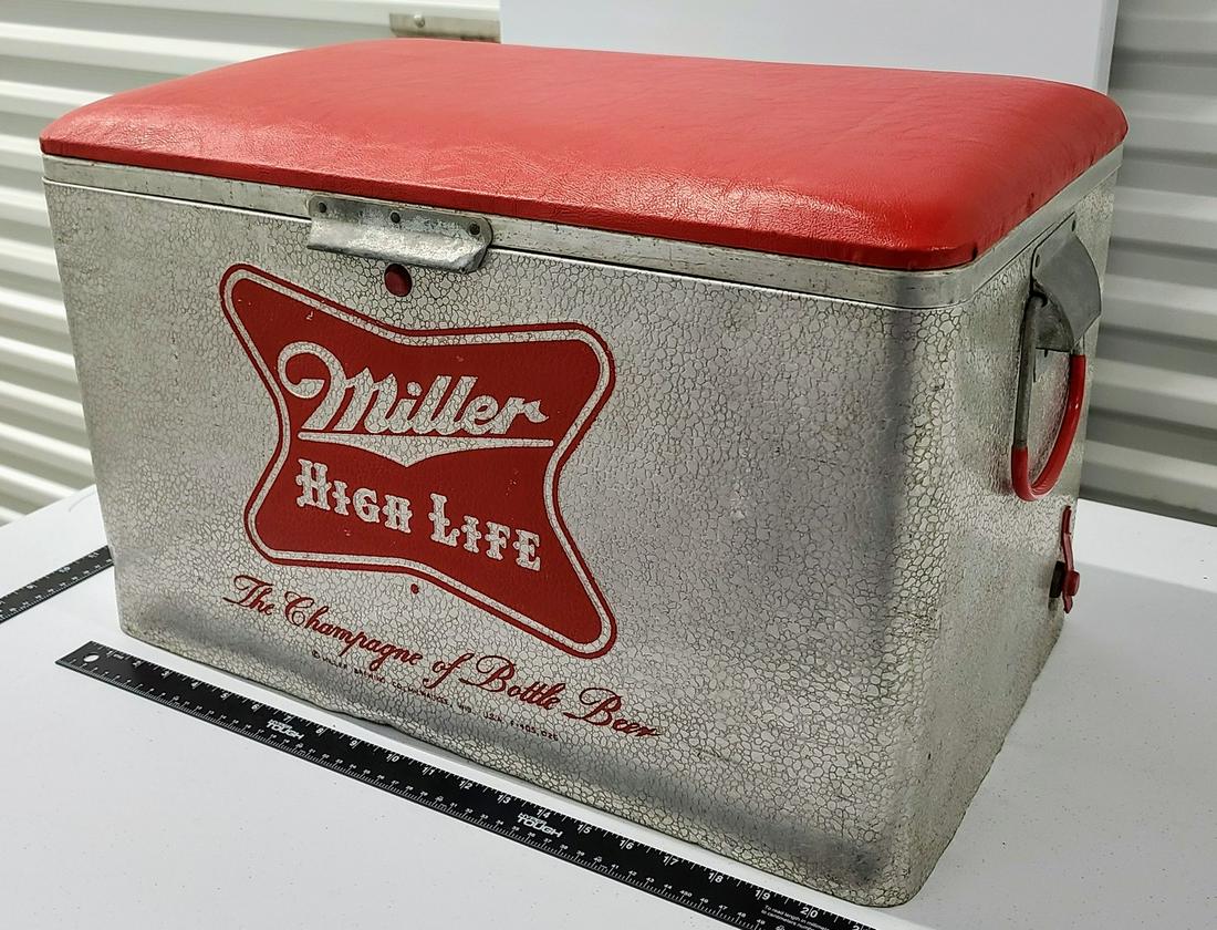 1950s Metal Miller Cooler with Vinyl Seat: 1950s Metal Miller Cooler with Vinyl Seat