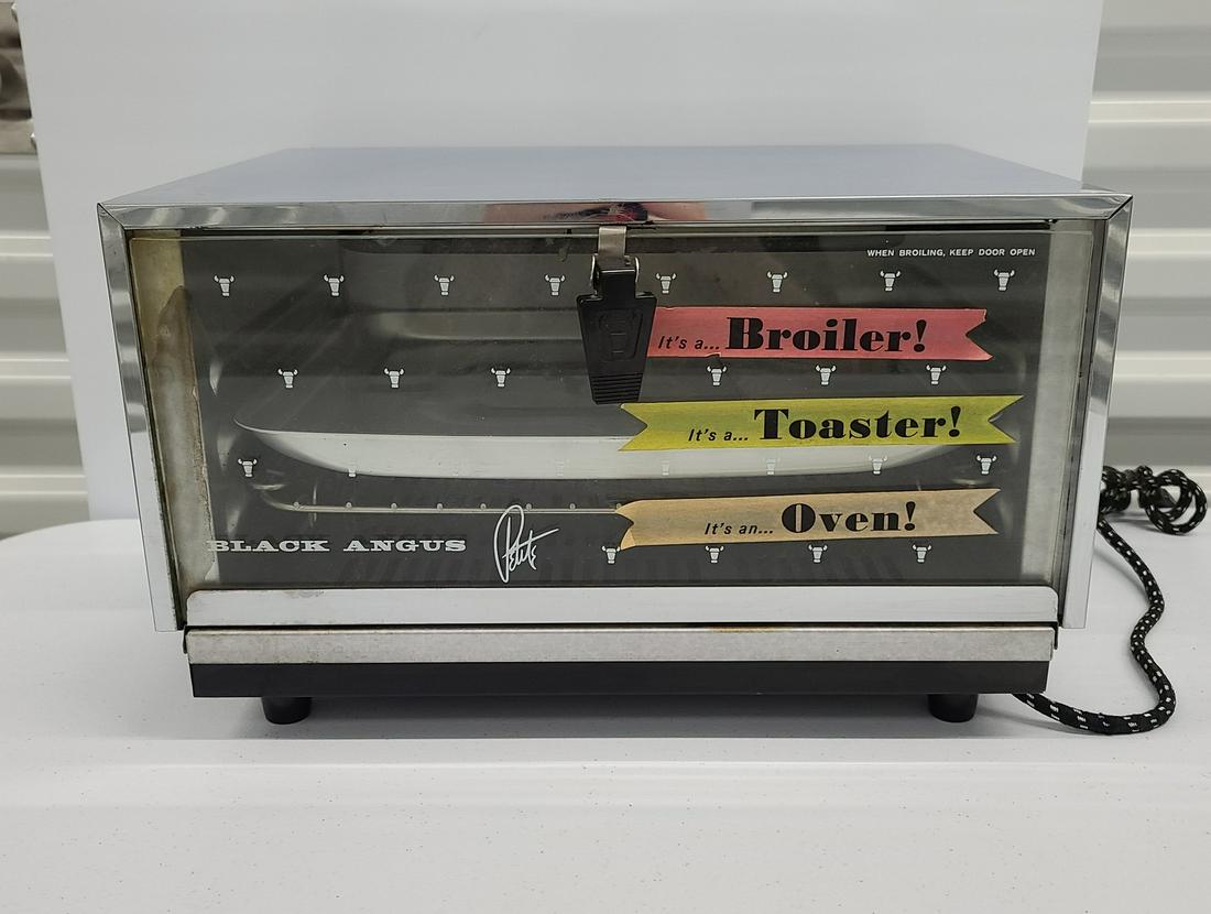 Midcentury Black Angus Toaster Oven with Stickers: Midcentury Black Angus Toaster Oven with Stickers