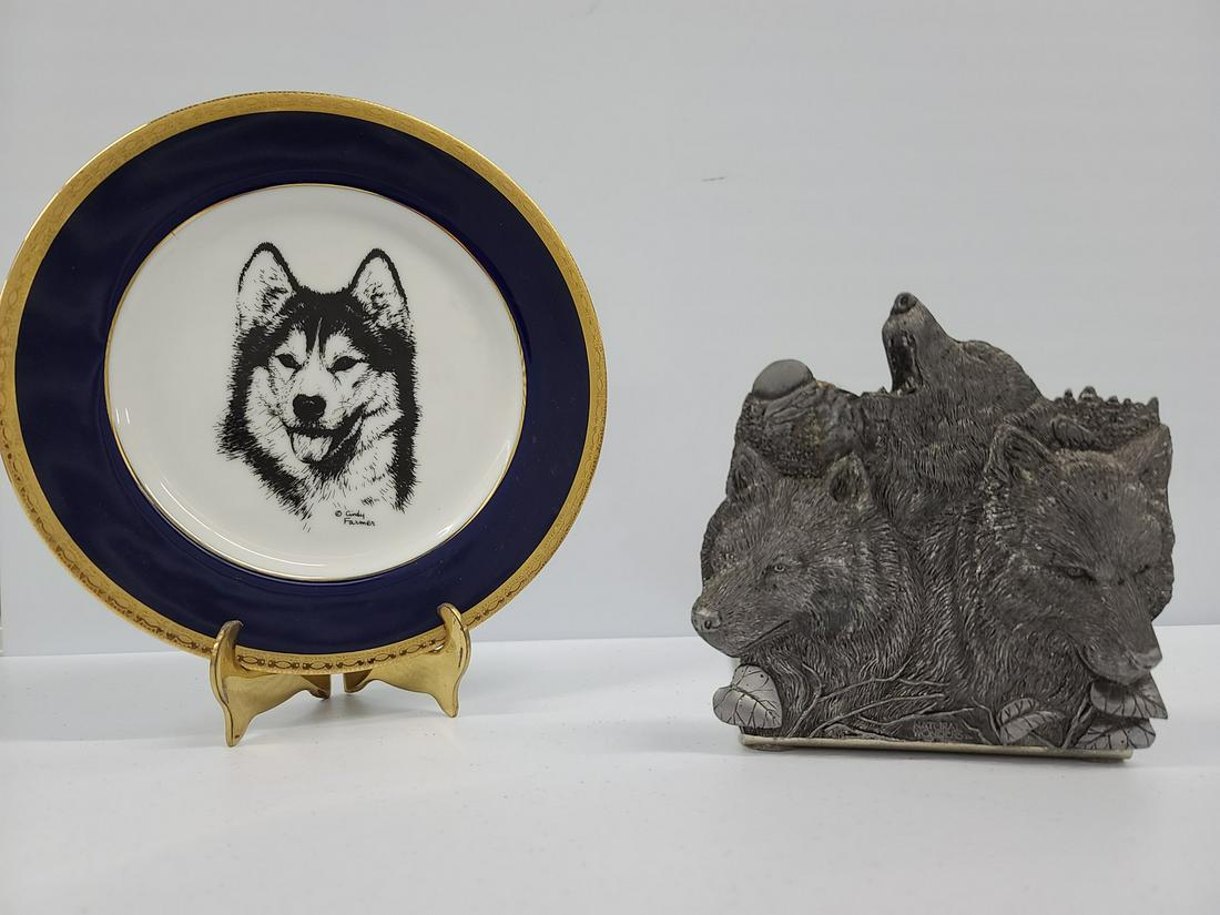 Husky Porcelain Plate & Wolf Pewter Bookend: Husky Porcelain Plate & Wolf Pewter Bookend