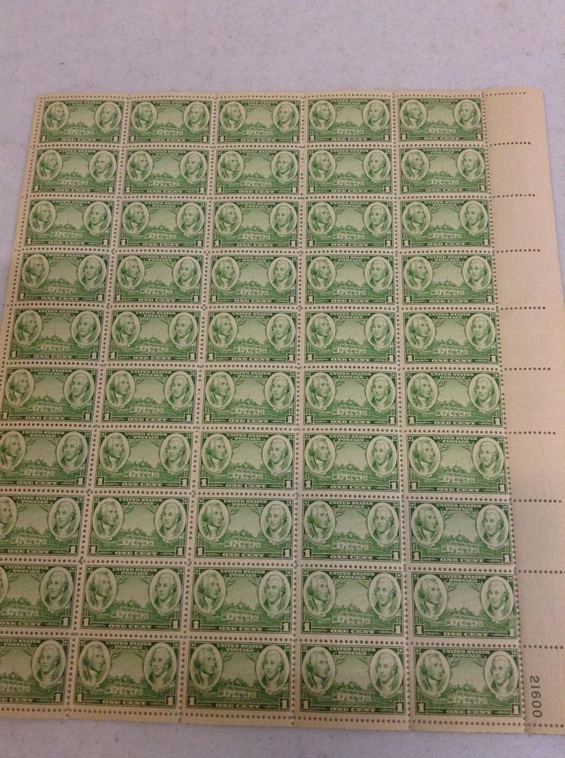 1936 1 Cent Stamp Sheet Washington Greene 50 Stamps (1 of 1)