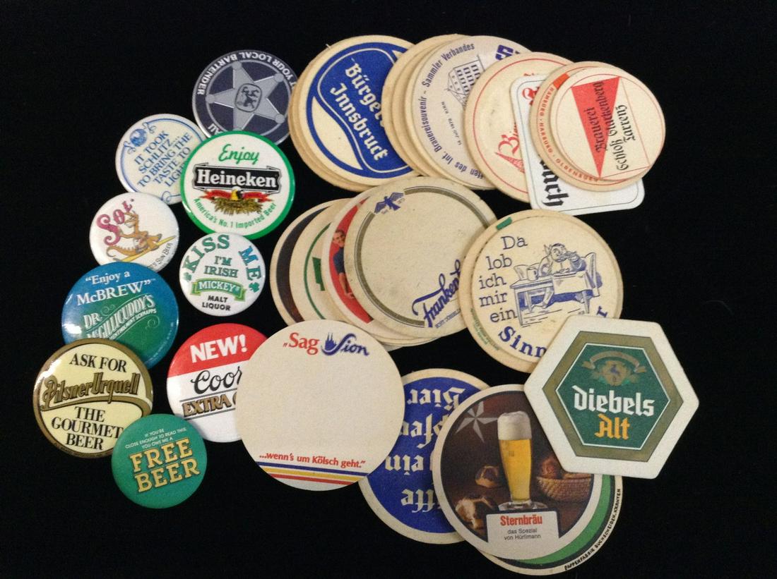 Lot of Various Coasters and Pins: Lot of Various Coasters and Pins