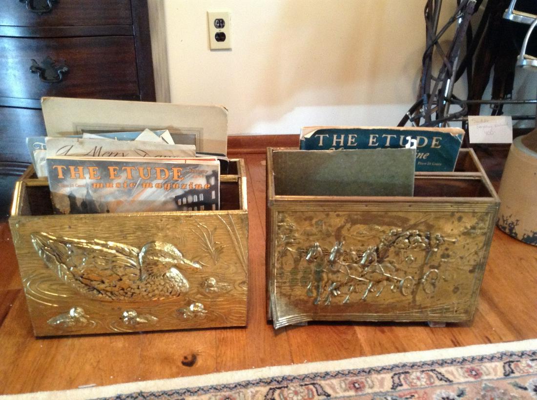 pair of vintage magazine racks full of early sheet: pair of vintage magazine racks full of early sheet music and more