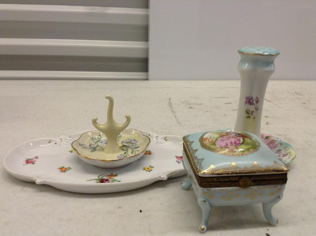 Porcelain Dresser Tray, Footed Box, Hatpin, and Ring: Porcelain Dresser Tray, Footed Box, Hatpin, and Ring Holders Lot
